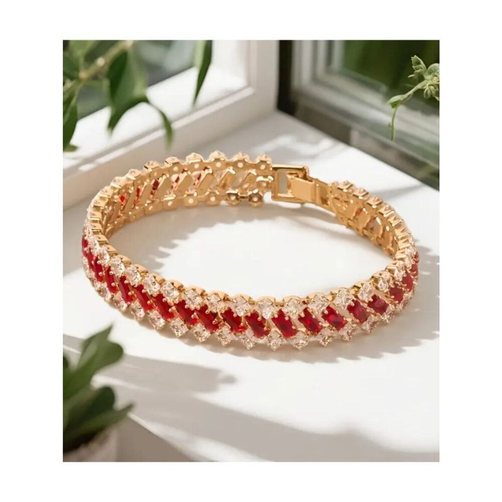 14k Gold Plate Bracelet Brilliant Ruby Red & White CZ Stones Geometric Design